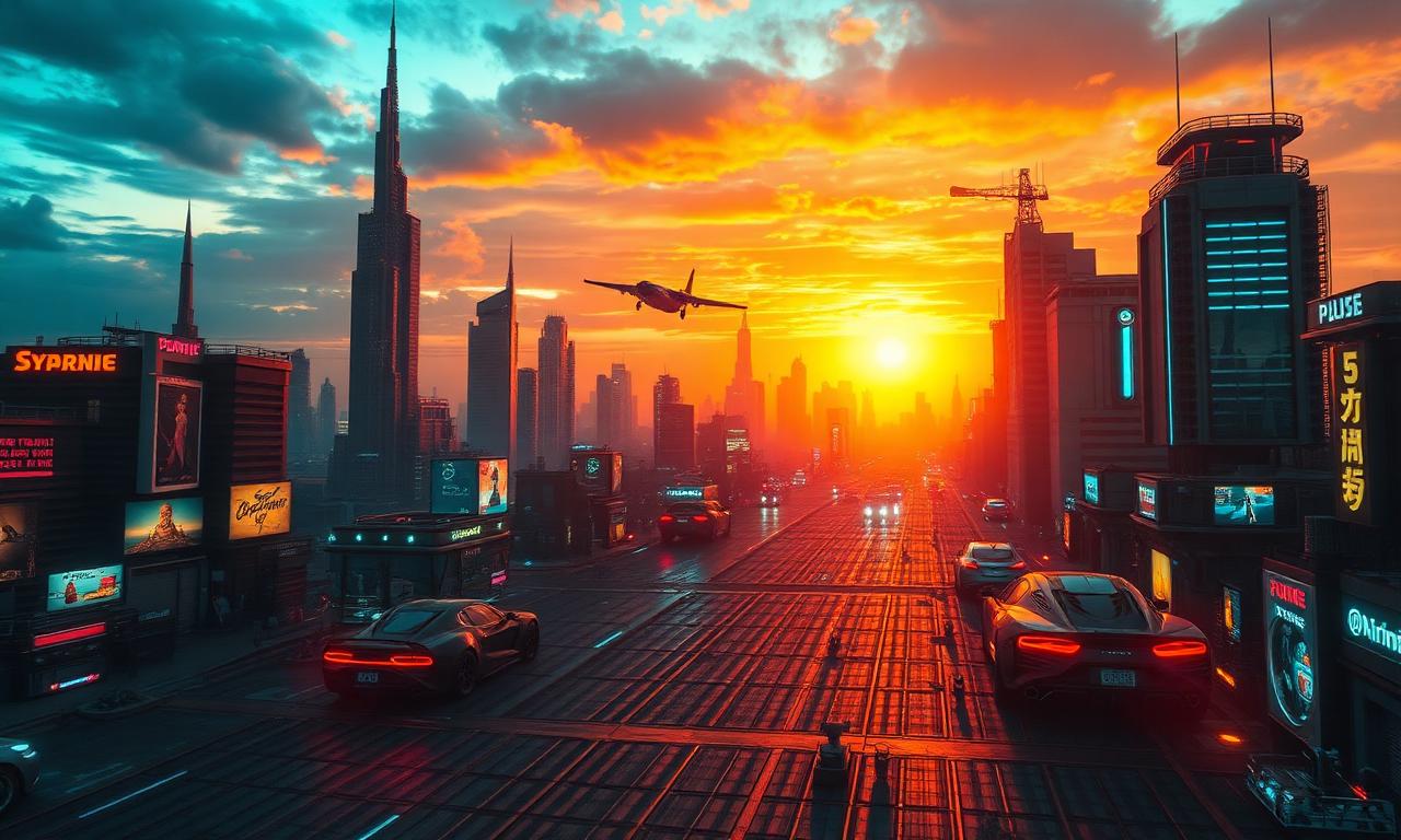 Cyberpunk city sunset